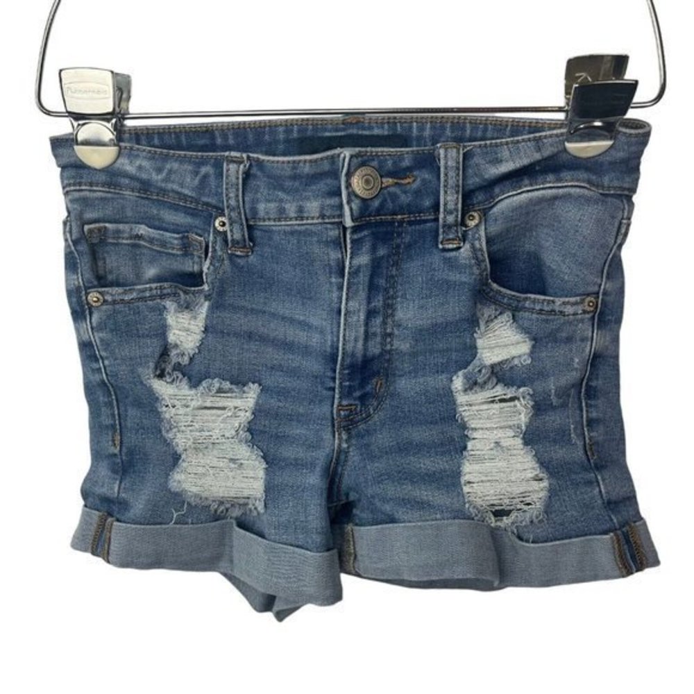 Aero‎ Shorts Womens Size 2 Blue High Rise Midi Stretch Denim Distressed